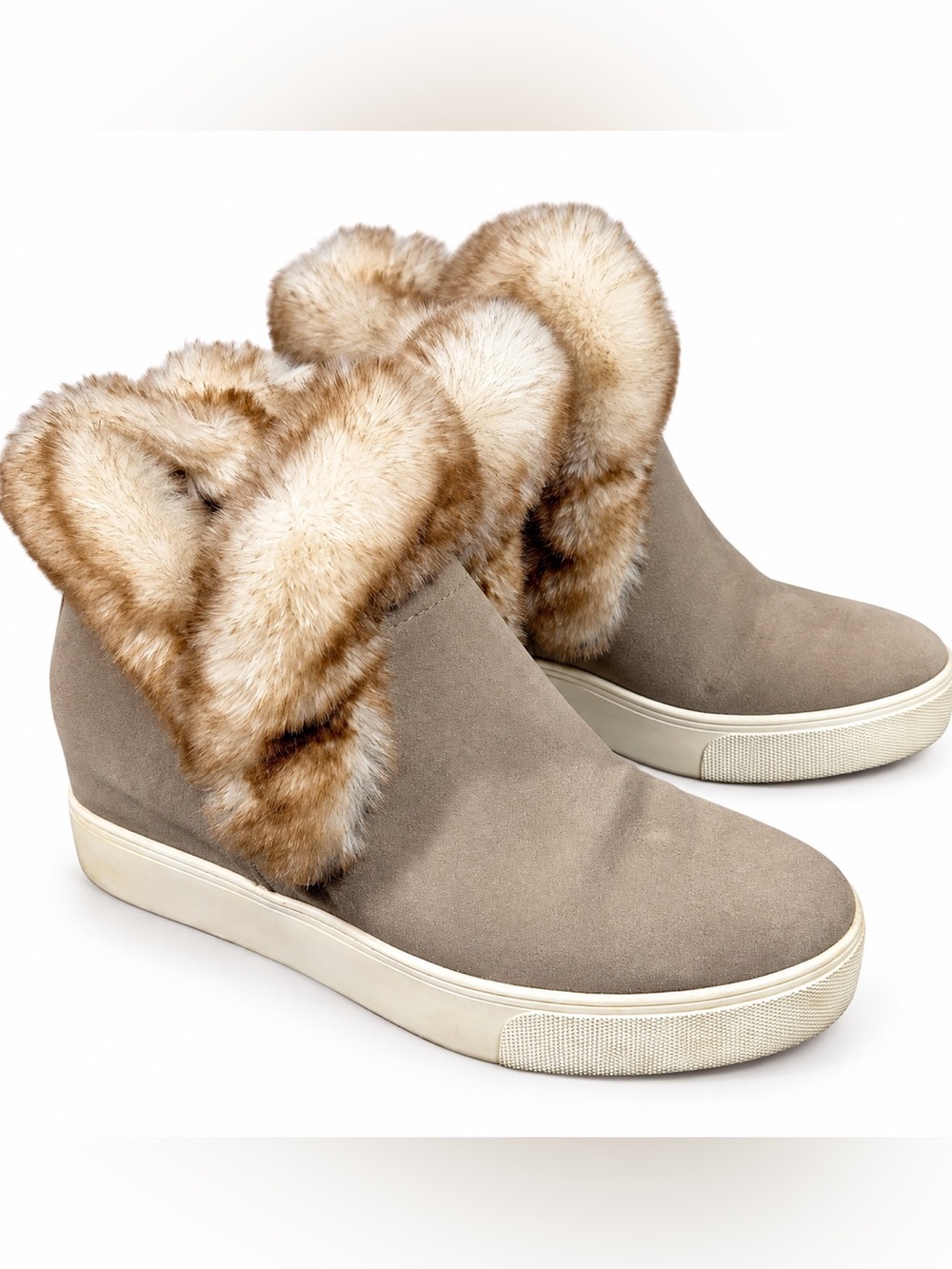 J/Slides NYC Womens 8.5 Taupe Suede Faux Fur Hidden Wedge High Top Sneakers